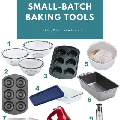 Collage of small-batch baking tools with text: My Favorite Small-batch Baking Tools.