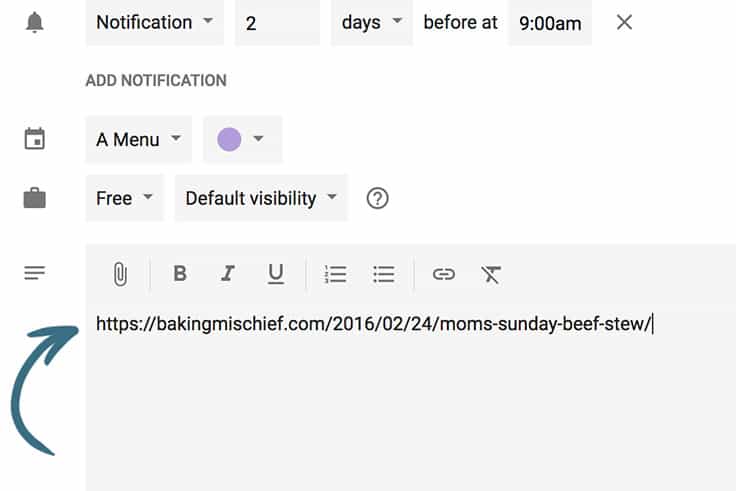 How to Meal Plan Using Google Calendar: Everything you need to know about using Google Calendar as a meal planning tool. | #mealplanning | #mealplan | #mealplanningcalendar | Screen shot of meal plan calendar entry description.