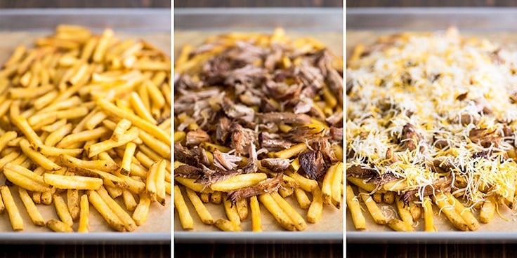 Step by step photo of carnitas nacho fries assembly.