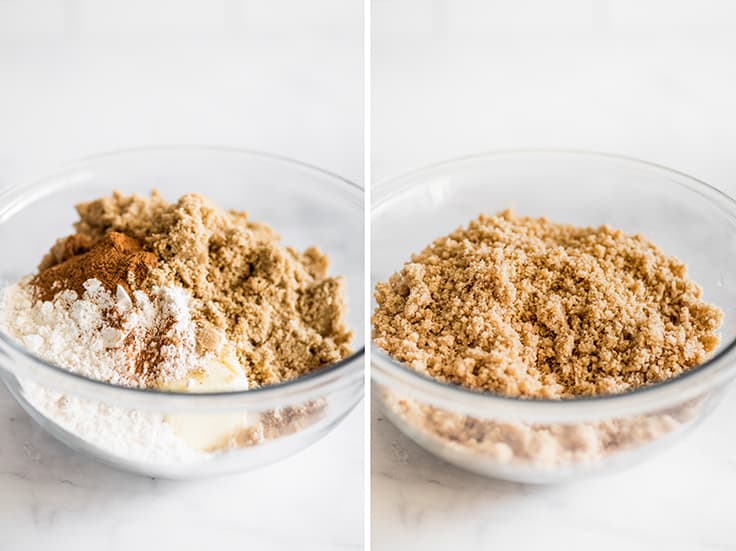 Collage photo of step 1 of Dutch Apple Pie, brown sugar topping before and after mixing.