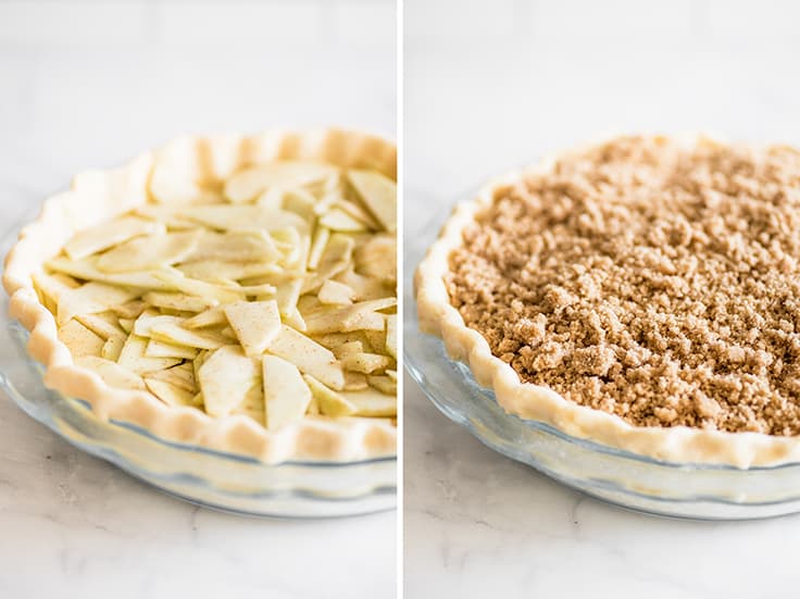 Collage photo of unbaked dutch apple pie before and after brown sugar crumble is added.