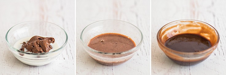 This Nutella sauce is so easy to make! Two ingredients, 30 seconds, and perfect for drizzling over ice cream, pancakes, and waffles. | #summerdessert | #Nutella | #recipeforone | recipes for one | In process photos of Nutella sauce being made.