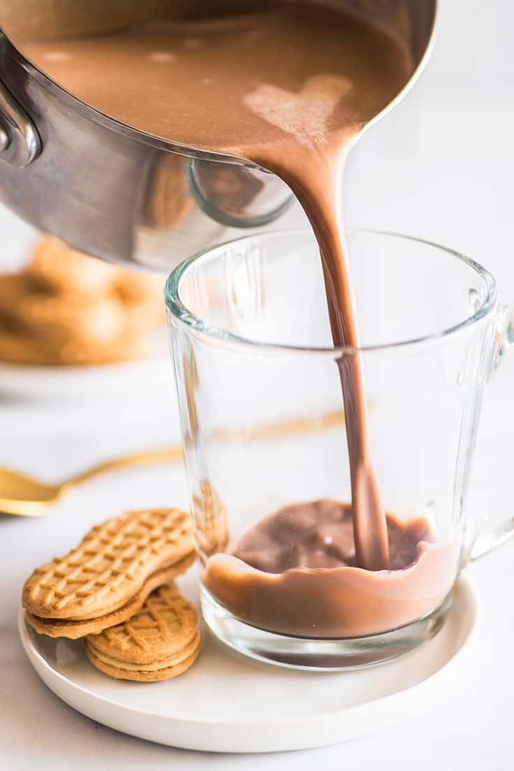 Picture of Peanut Butter Hot Chocolate being poured into a mug.