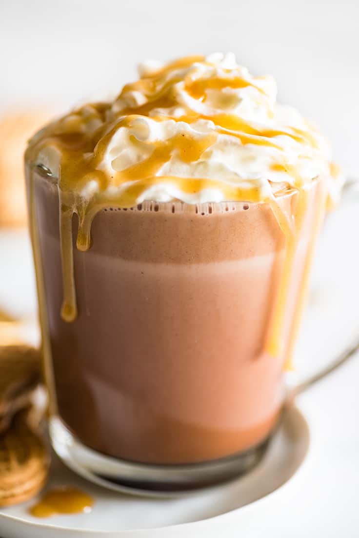 Close photo of Peanut Butter Hot Chocolate with peanut butter sauce drizzle.