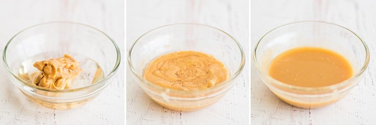 Love this peanut butter sauce! Two ingredients and 30 seconds are all you need to make this single-serving peanut butter sauce for ice cream, pancakes, or waffles. | #summerdessert | #peanutbutter | #recipeforone | recipes for one | Step by step photo of making single-serving peanut butter sauce.