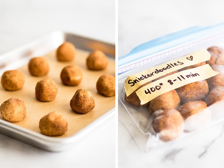 Photo collage of snickerdoodle cookie dough ready to be frozen.