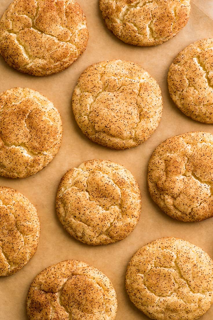 Overhead photo of Snickerdoodle Cookies on parchment paper.