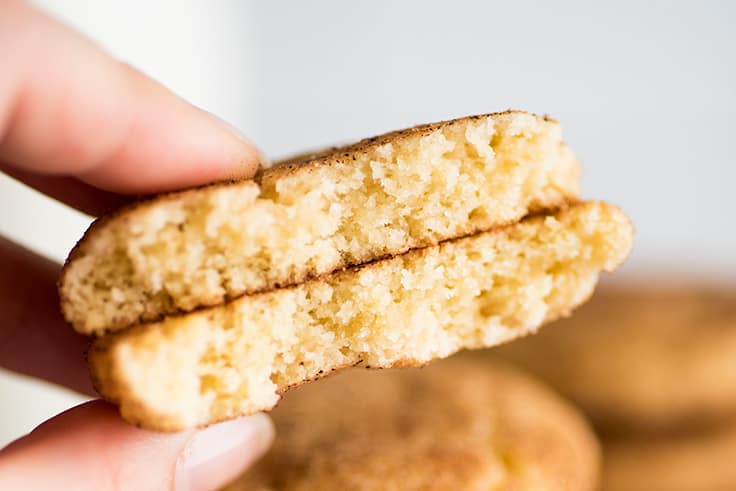 Photo of Snickerdoodle Cookie halves up close.