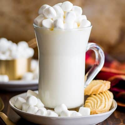 Photo of White Hot Chocolate topped with marshmallows.