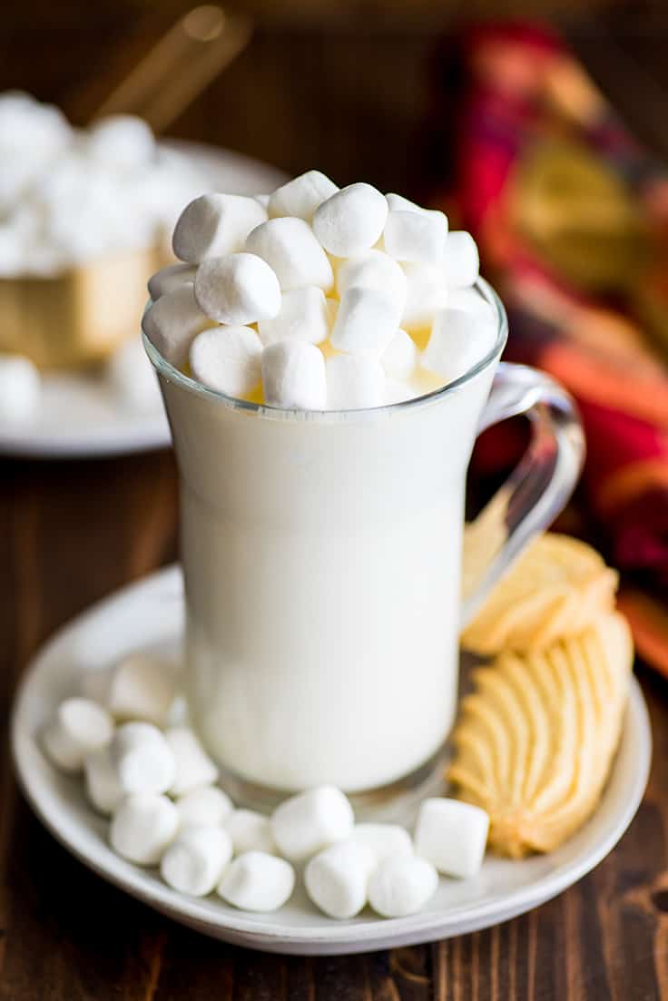 Photo of White Hot Chocolate topped with marshmallows.
