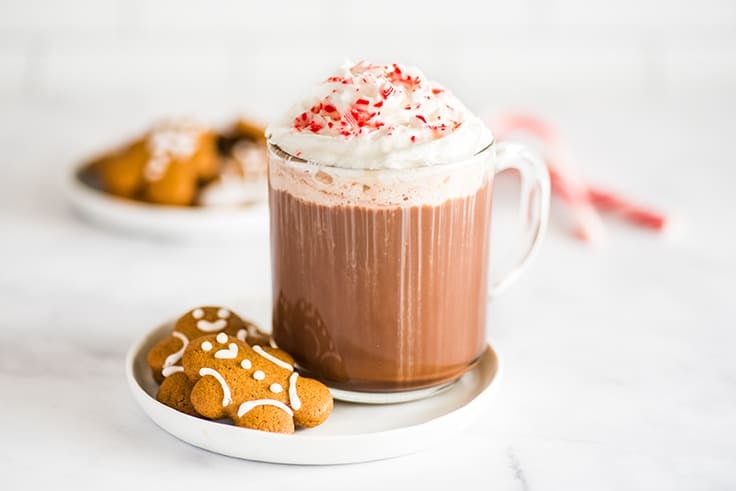 Picture of Easy Peppermint Mocha in a mug next to gingerbread cookies.