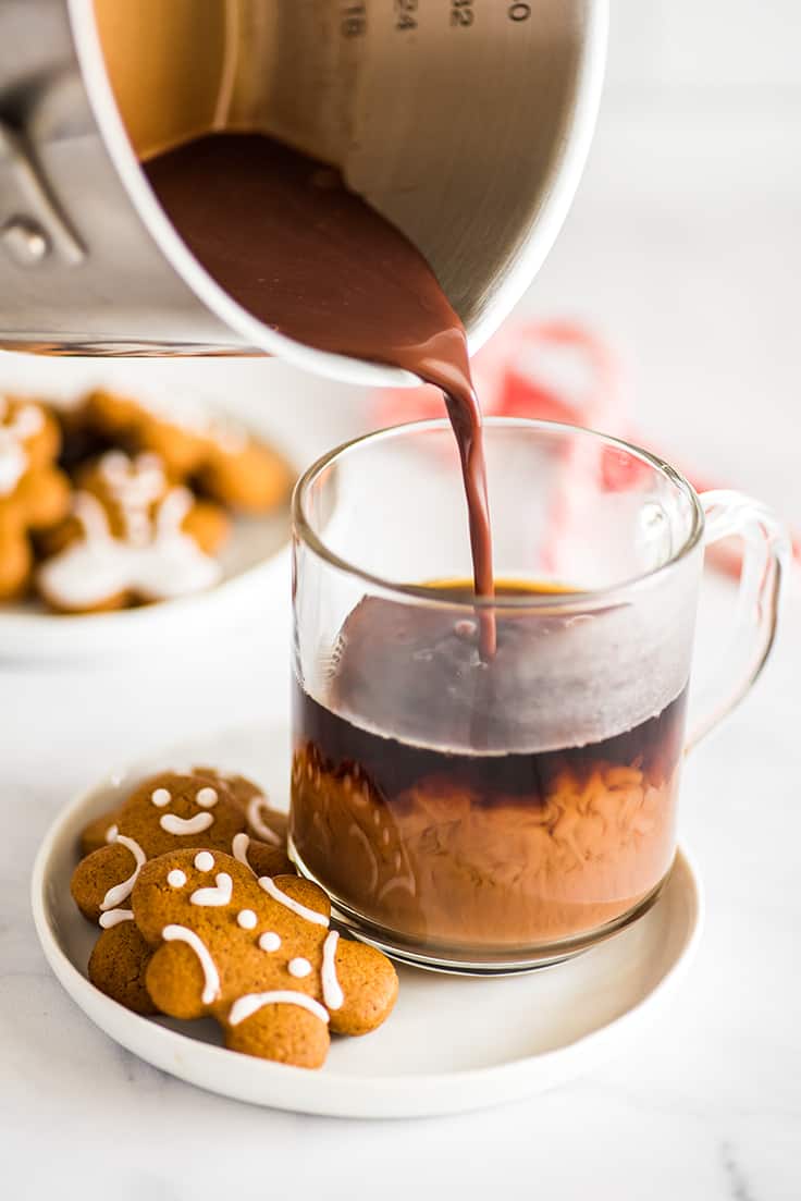 Photo of Peppermint Mocha mix being poured into cup of coffee.