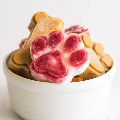 Frozen pupsicles in a white bowl.