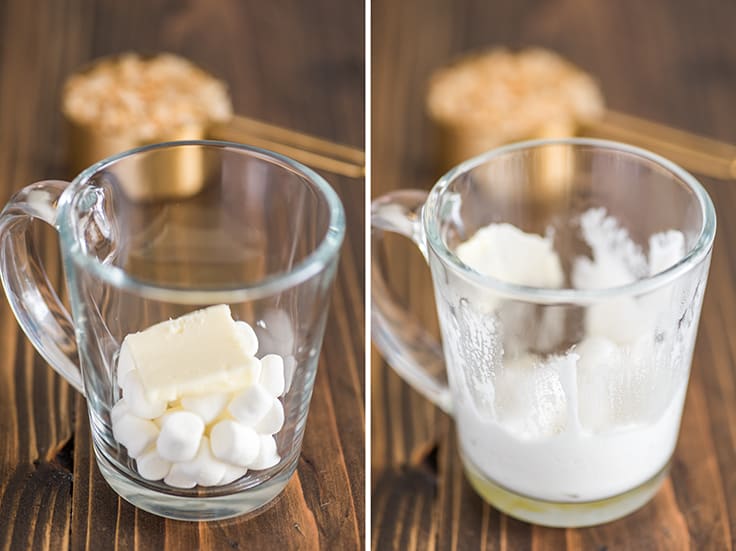 Step 1 collage photo of single-serve rice krispie treat being made in a mug.