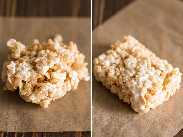Step 3 collage photo of rice krispie treat being shaped into a bar.