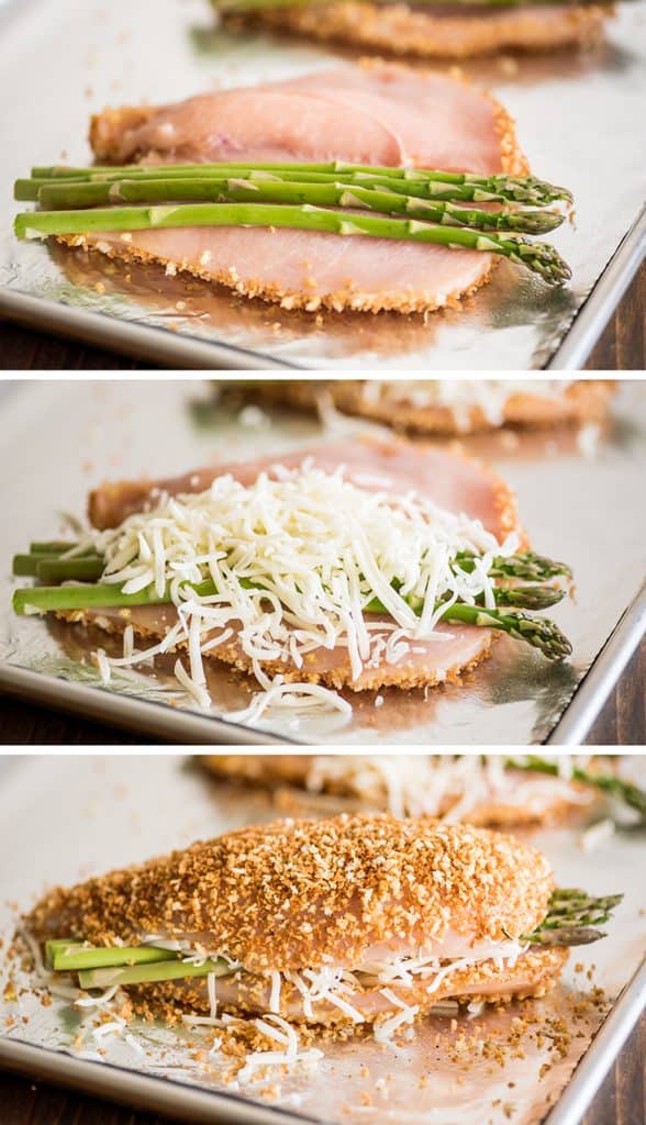 Step by step photo collage of Asparagus-stuffed Chicken Breasts being put together.