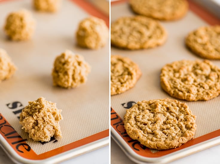 Collage photo of Peanut Butter Oatmeal Cookies before and after baking.