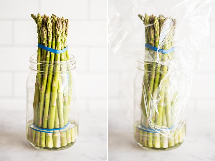 Collage photo showing how to store asparagus.