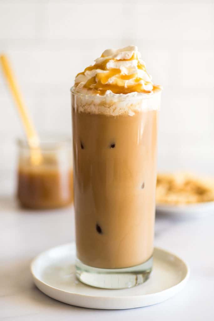 Iced Caramel Macchiato in a glass cup.