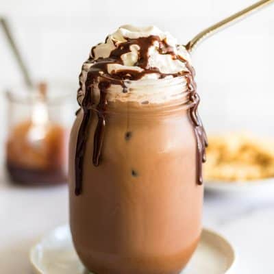 Homemade iced mocha in a mason jar.