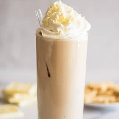 Iced white chocolate mocha in a glass.
