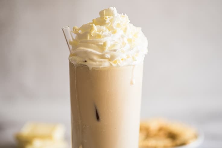 Iced white chocolate mocha with whipped cream.