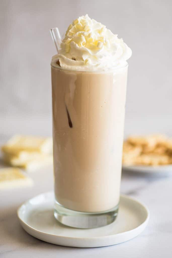 Iced white chocolate mocha in a glass.