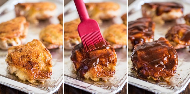 Baked BBQ chicken thighs process collage.