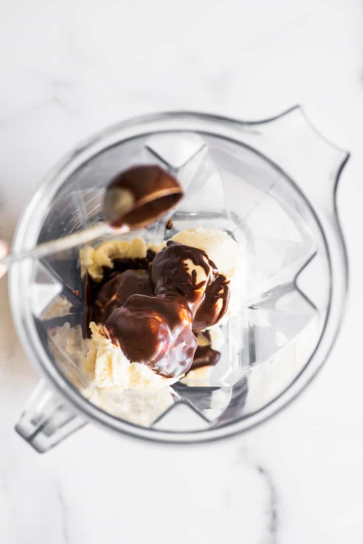 Chocolate milkshake ingredients in a blender