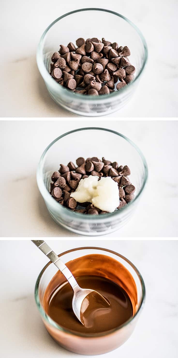 Collage of chocolate shell being made.