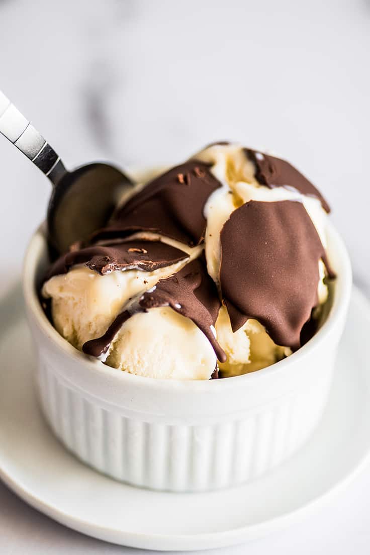 Cracked chocolate shell on ice cream.