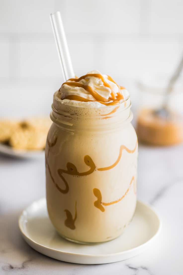 Dulce de Leche Milkshake in a mason jar.