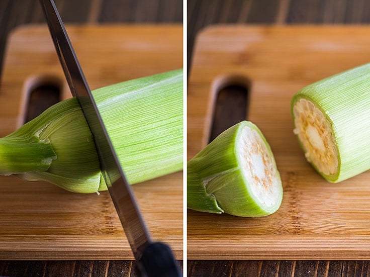 Collage photo of corn on the cob being cut.