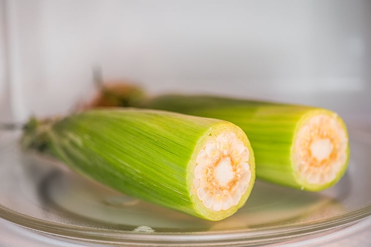 Two corn cobs in the microwave.