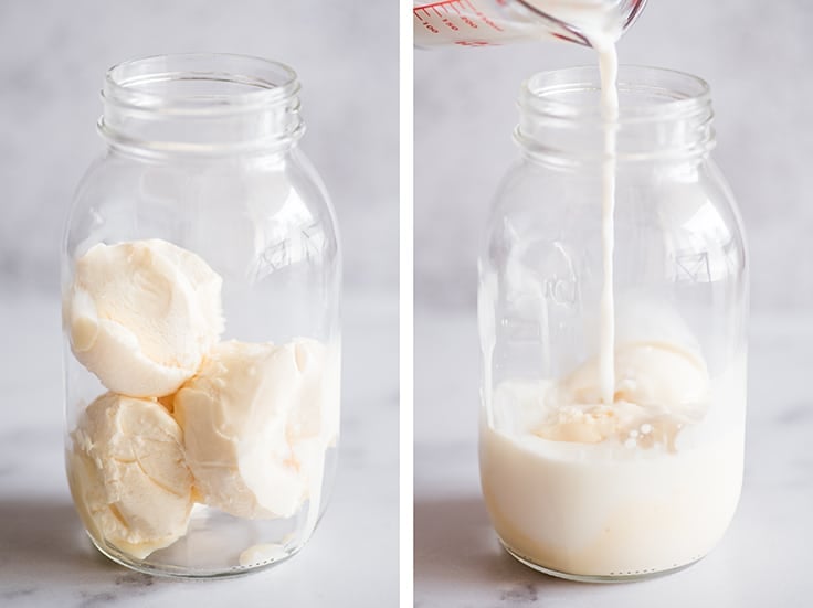 Collage photo of milkshake being made without a blender.