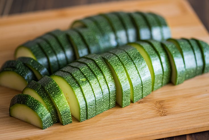 Siced zucchini on a cutting board.