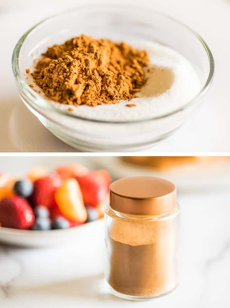 Collage photo of cinnamon sugar being made and in a shaker.