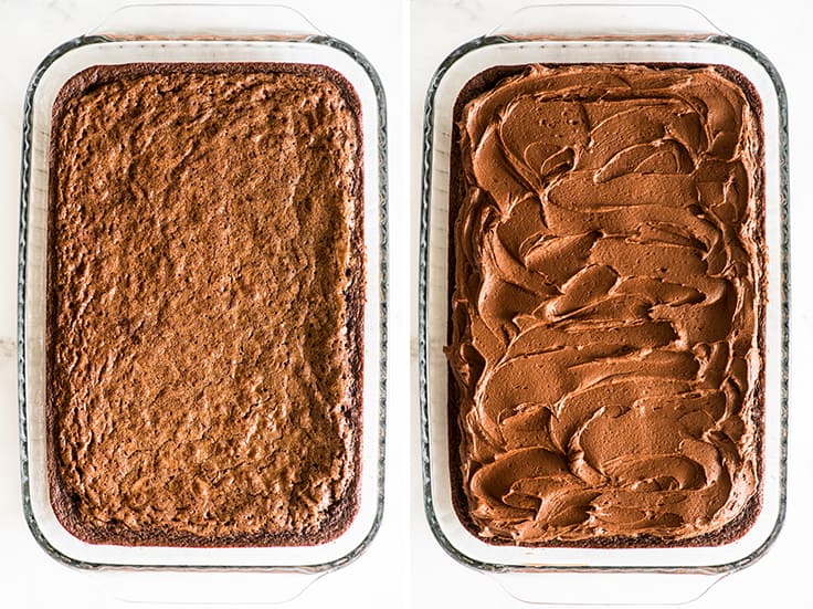 Overhead collage photo of brownies before and after frosting.