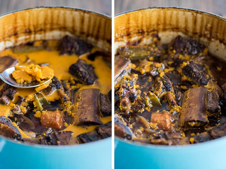 Collage image of fat being scraped off braised short ribs in a blue pot.