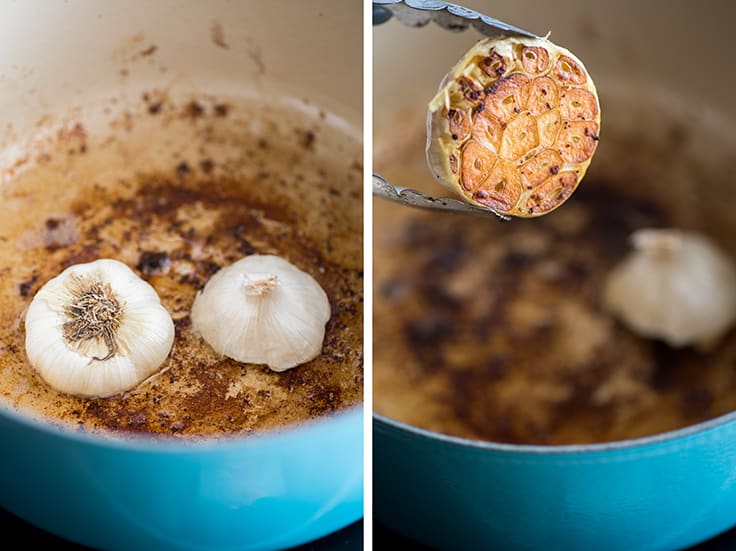 Collage picture of browning garlic halves for braised short ribs in a blue pot.