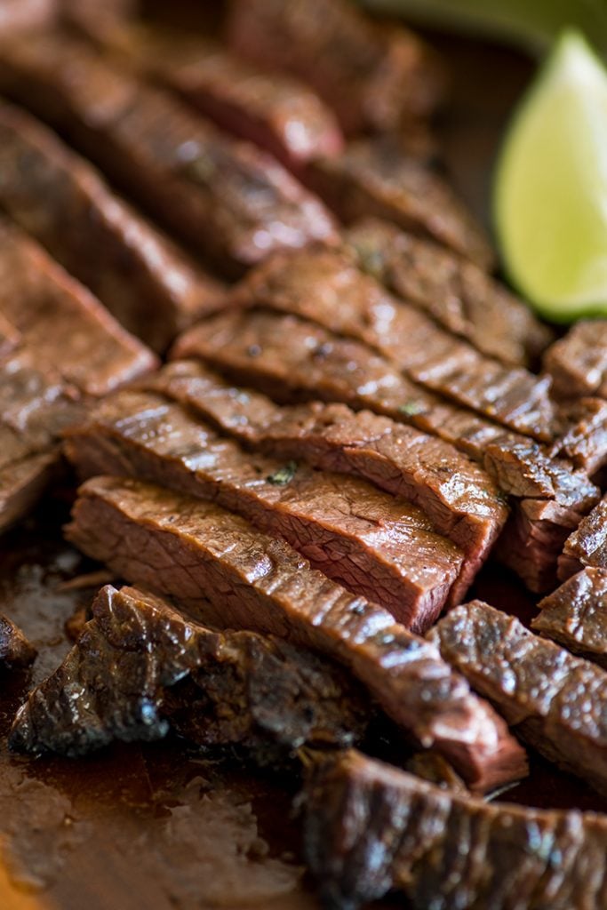 Picture of Carne Asada cooked to medium and sliced.