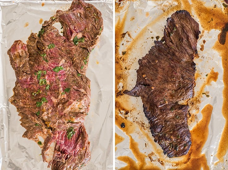 Collage photo of carne asada before and after being cooked under the broiler.