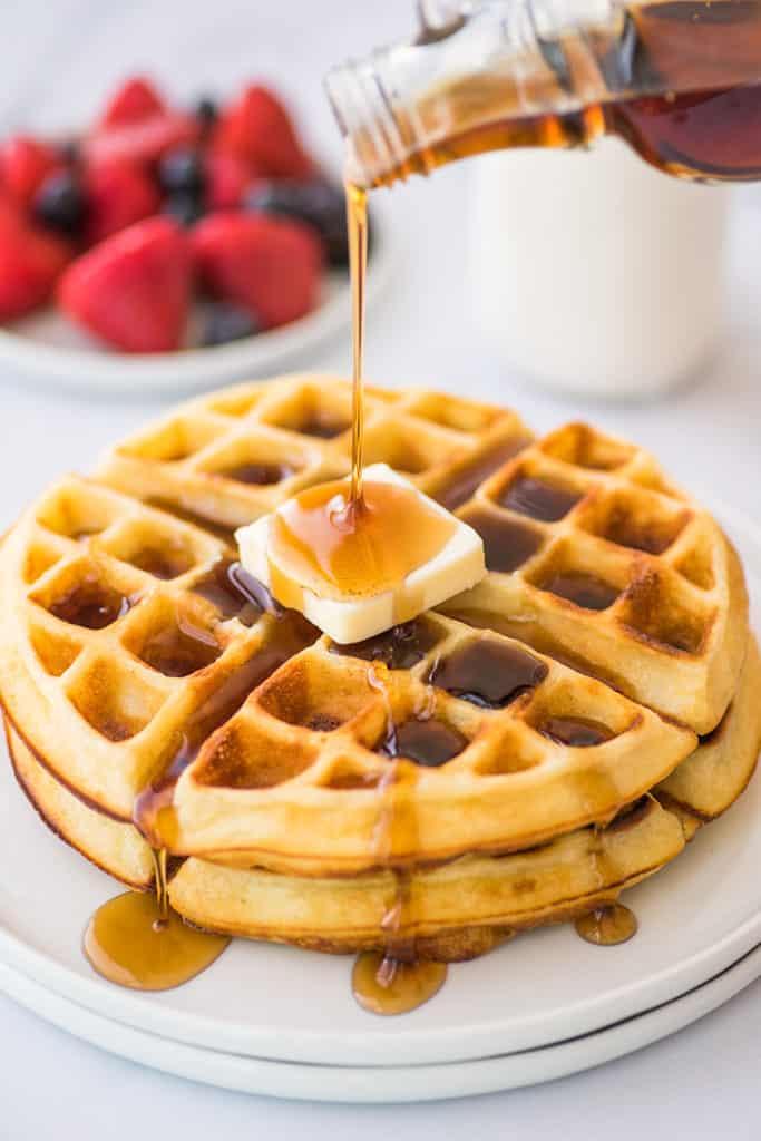 Crispy waffles for two on a plate.