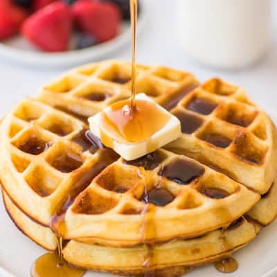 Crispy waffles for two on a plate.