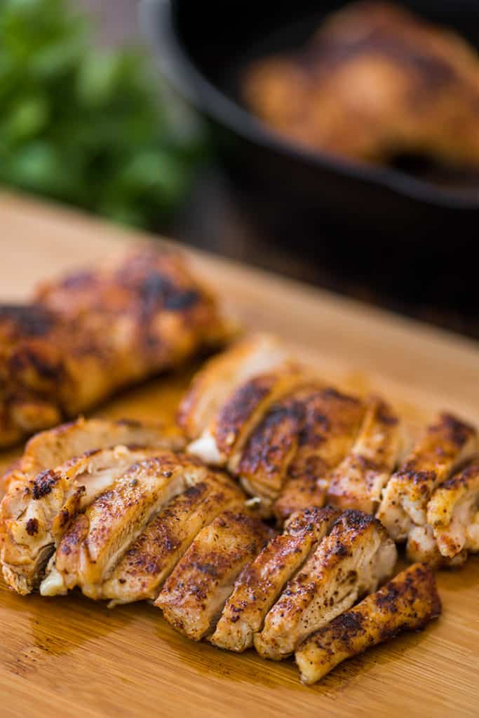 Sliced chicken thighs for chicken fajitas.