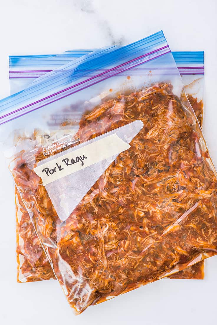 Pork ragu prepared for freezing.