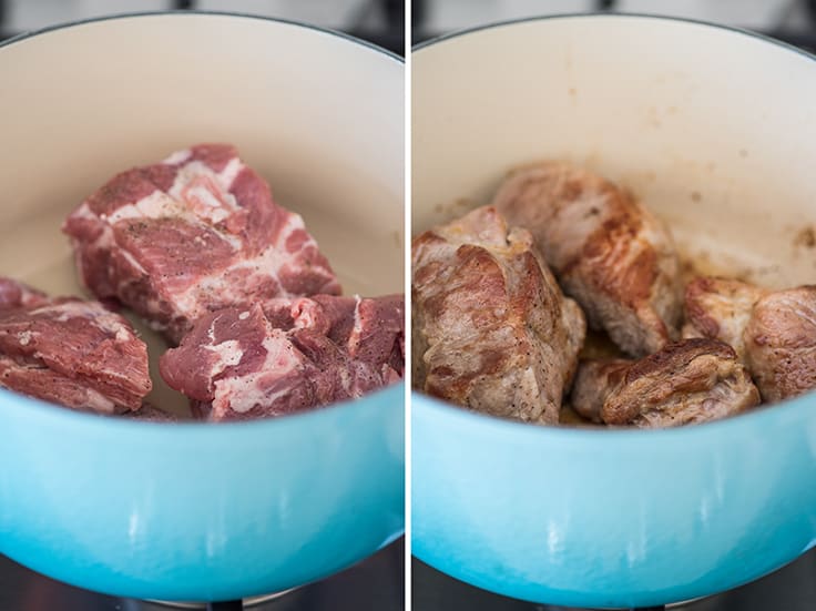 Collage photo of pork shoulder browning for pork ragu.