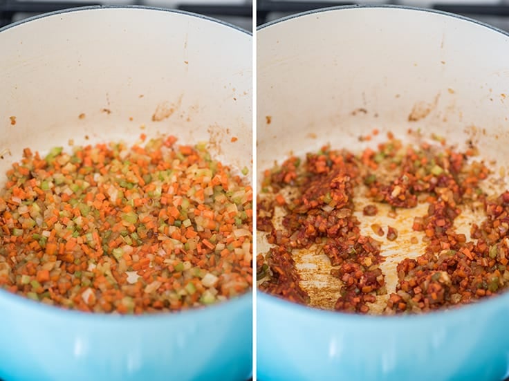 Collage photo of pork ragu sauce cooking.