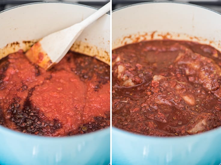 Collage photo of pork ragu sauce cooking.