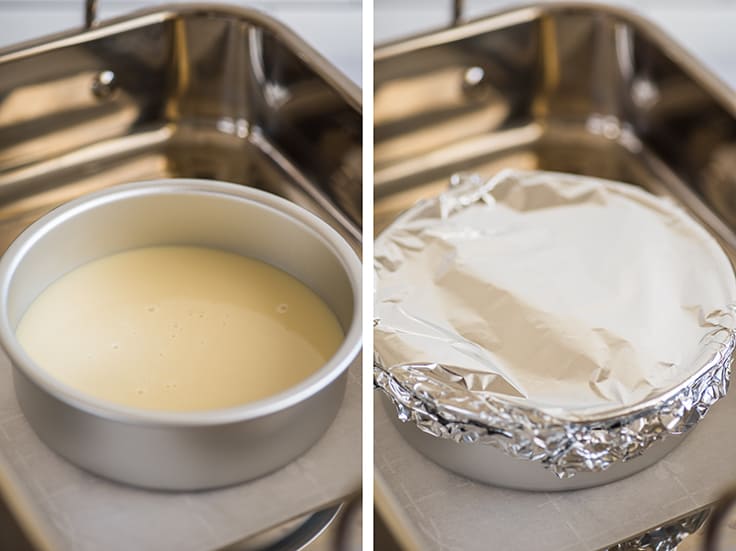Collage photo of condensed milk being prepared to be made into dulce de leche in the oven.
